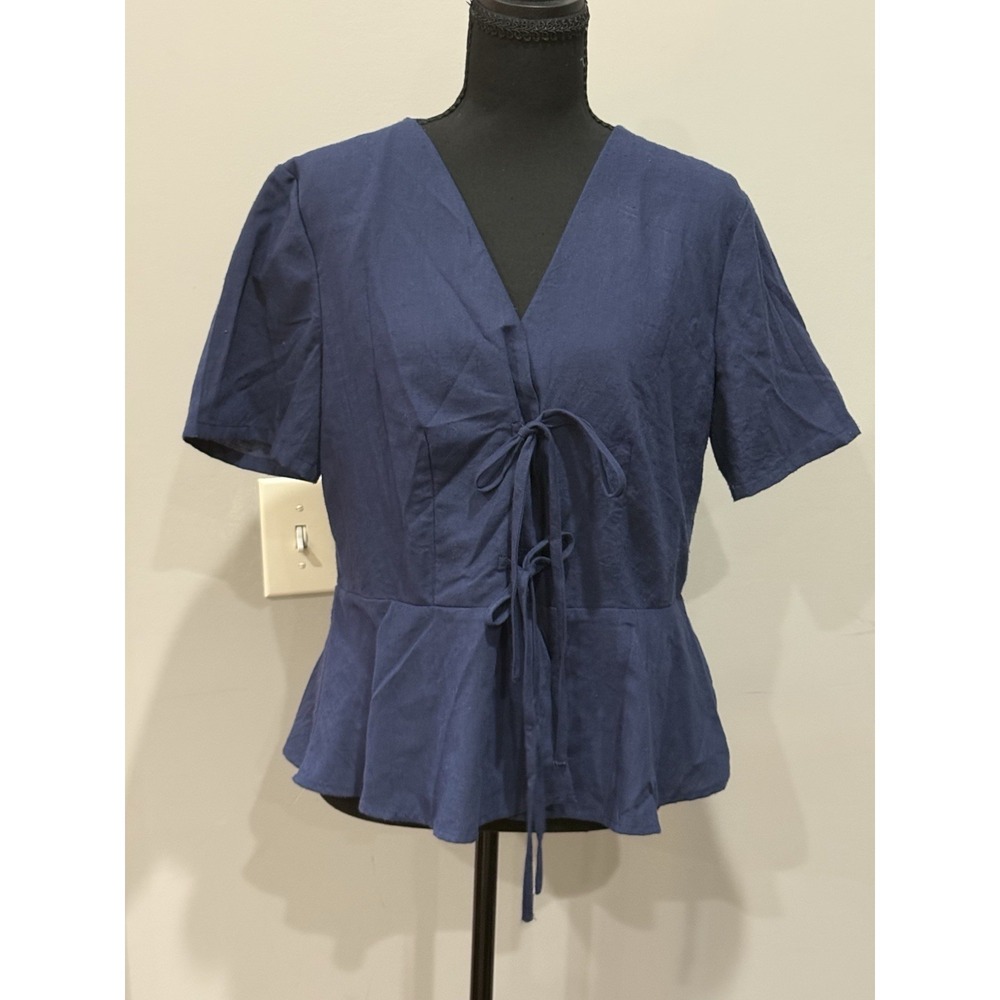 English Factory Navy Tie-Front Peplum Blouse Coastal‎ Grandmother Cottagecore L